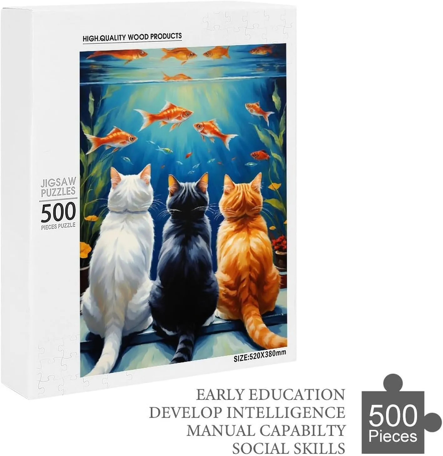 Funny Cat and Fish Impossible Hard Difficult Puzzle 500 Piece Challenging Puzzles Simple Fashion Jigsaw Puzzles for Adults Kids for Game Home Decor