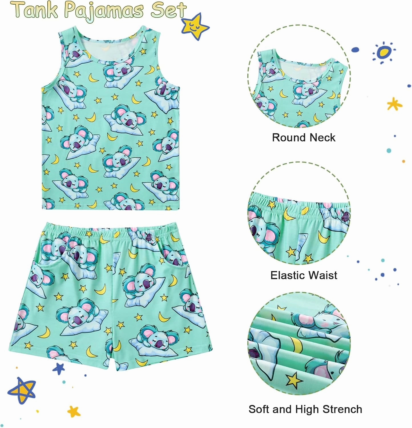 Funnycokid Girls Pajamas 3 Pieces Tie Dye Shirts&Tank Shorts Pjs Cute Summer Loungewear Nightwear Set Size 7-14