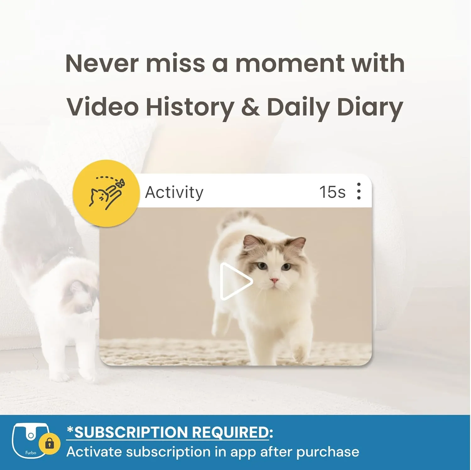 Furbo Mini Pet Camera - Unlock Camera & Smart Features w/Paid Plan: Home Security with Dog & Cat Safety Alerts, 2-Way Audio, Mountable Smart Cam w/Phone App (Subscription Required, 3mo Minimum)