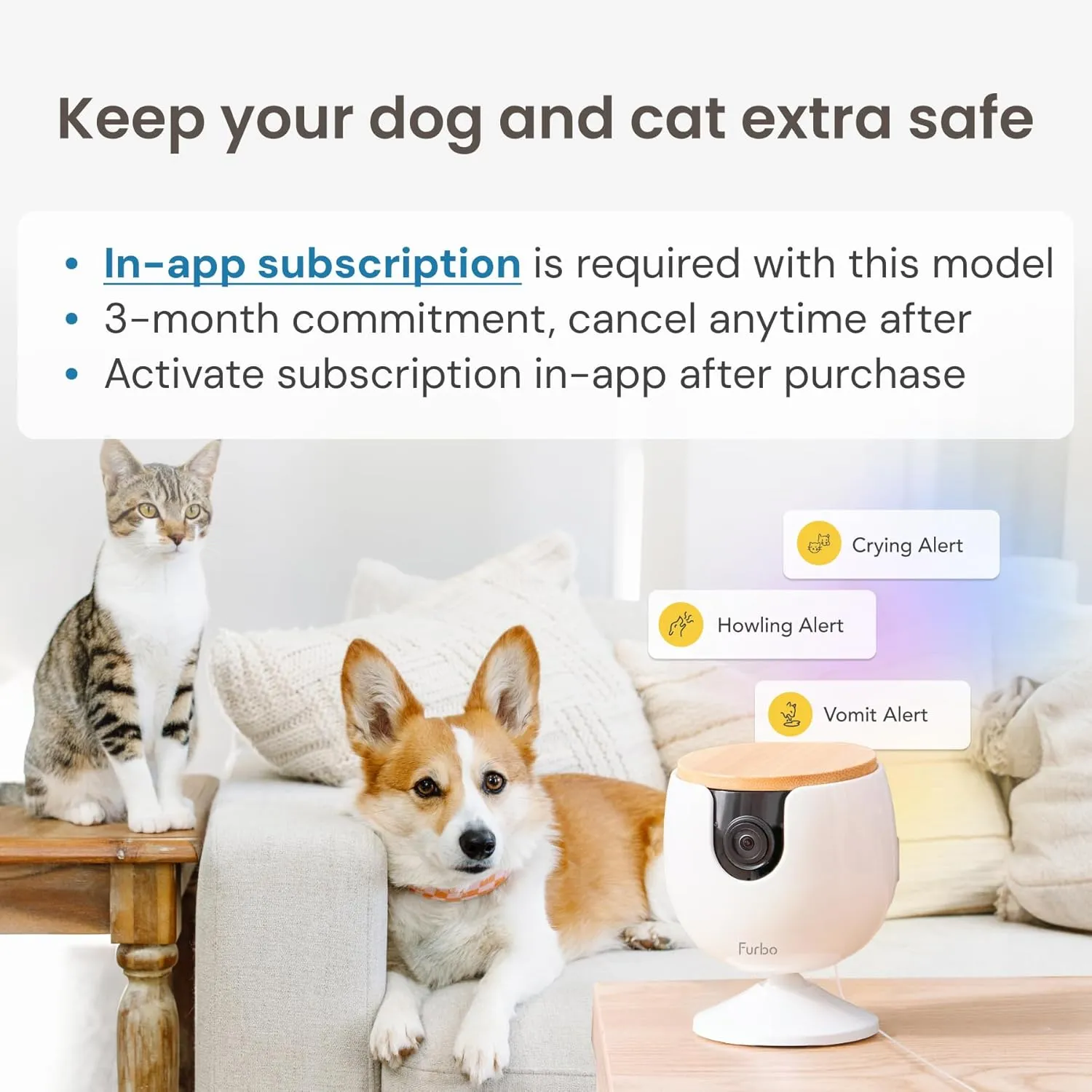 Furbo Mini Pet Camera - Unlock Camera & Smart Features w/Paid Plan: Home Security with Dog & Cat Safety Alerts, 2-Way Audio, Mountable Smart Cam w/Phone App (Subscription Required, 3mo Minimum)