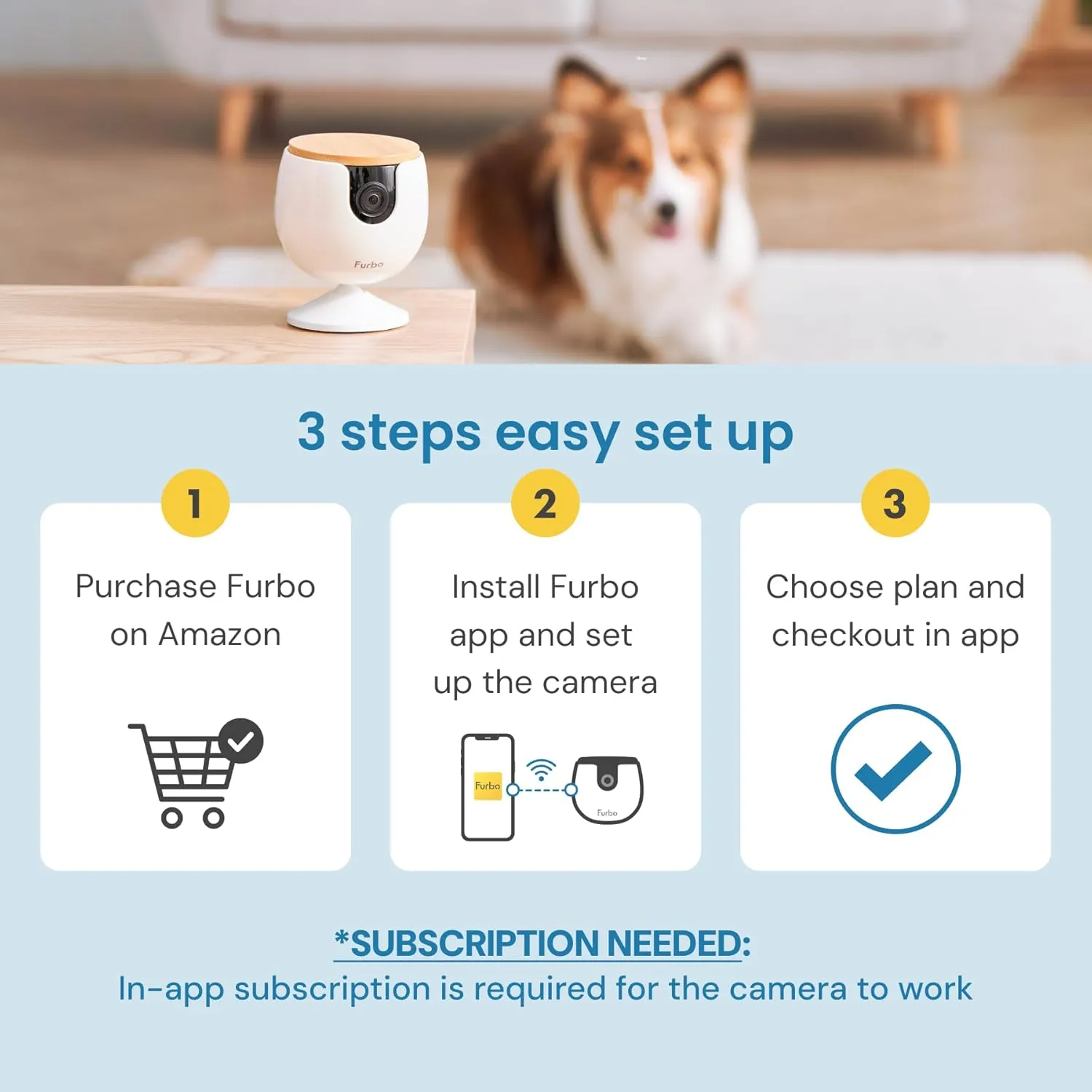 Furbo Mini Pet Camera - Unlock Camera & Smart Features w/Paid Plan: Home Security with Dog & Cat Safety Alerts, 2-Way Audio, Mountable Smart Cam w/Phone App (Subscription Required, 3mo Minimum)