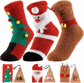 Fuzzy Women Socks Slippers Christmas : Xmas Warm Compression Fluffy Cozy Stockings Gifts for Men/Girl/Boys Size 6-10 Winter Holiday Bed Set Cute Plush Crew Soft Sleeping Fleece Unisex 3 Pack with Box