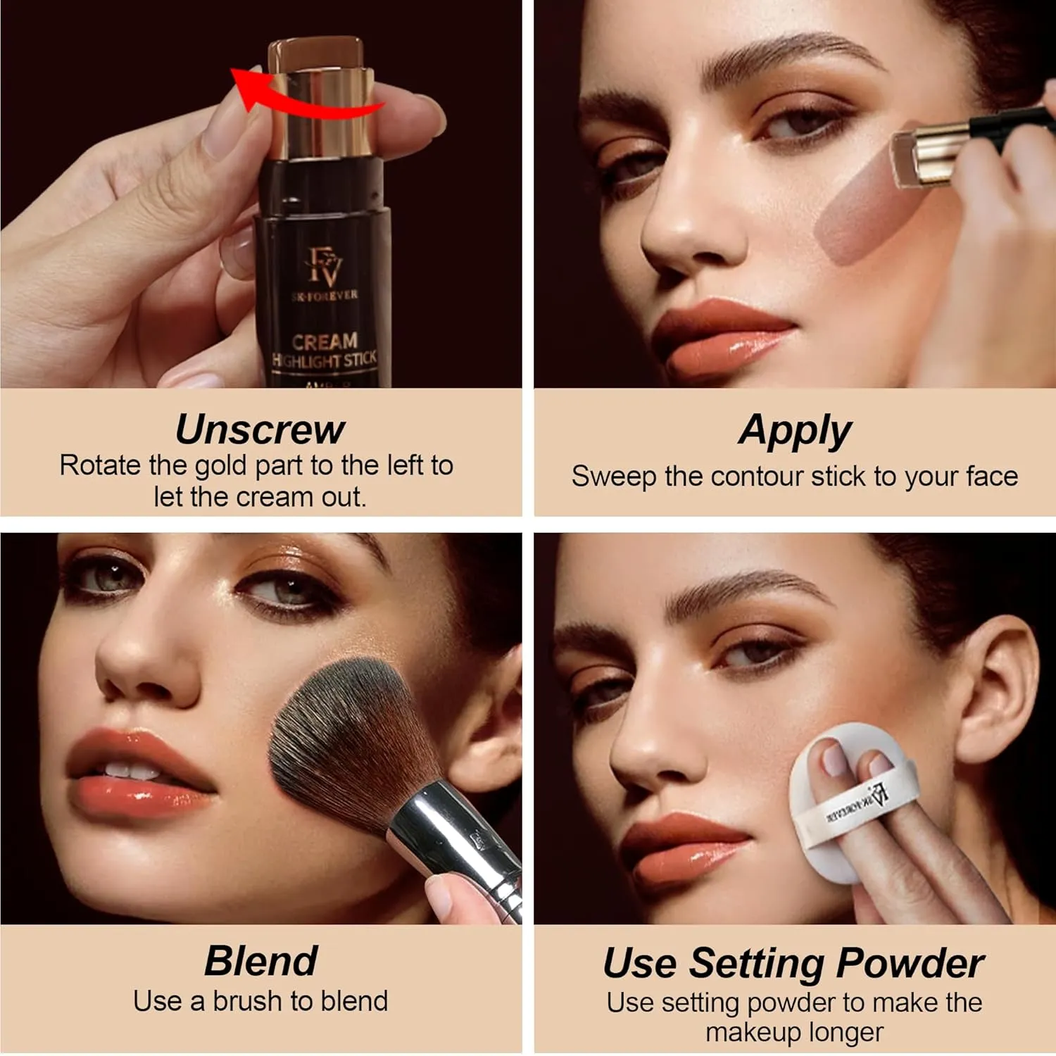 FV 2PCS Contour Stick, Highly Pigmented & Blendable Contour and Highlighter Stick, Long Lasting & Creamy Texture, Waterproof Contour Set for Face Shaping Makeup (02 Mocha & 03 Champagne)