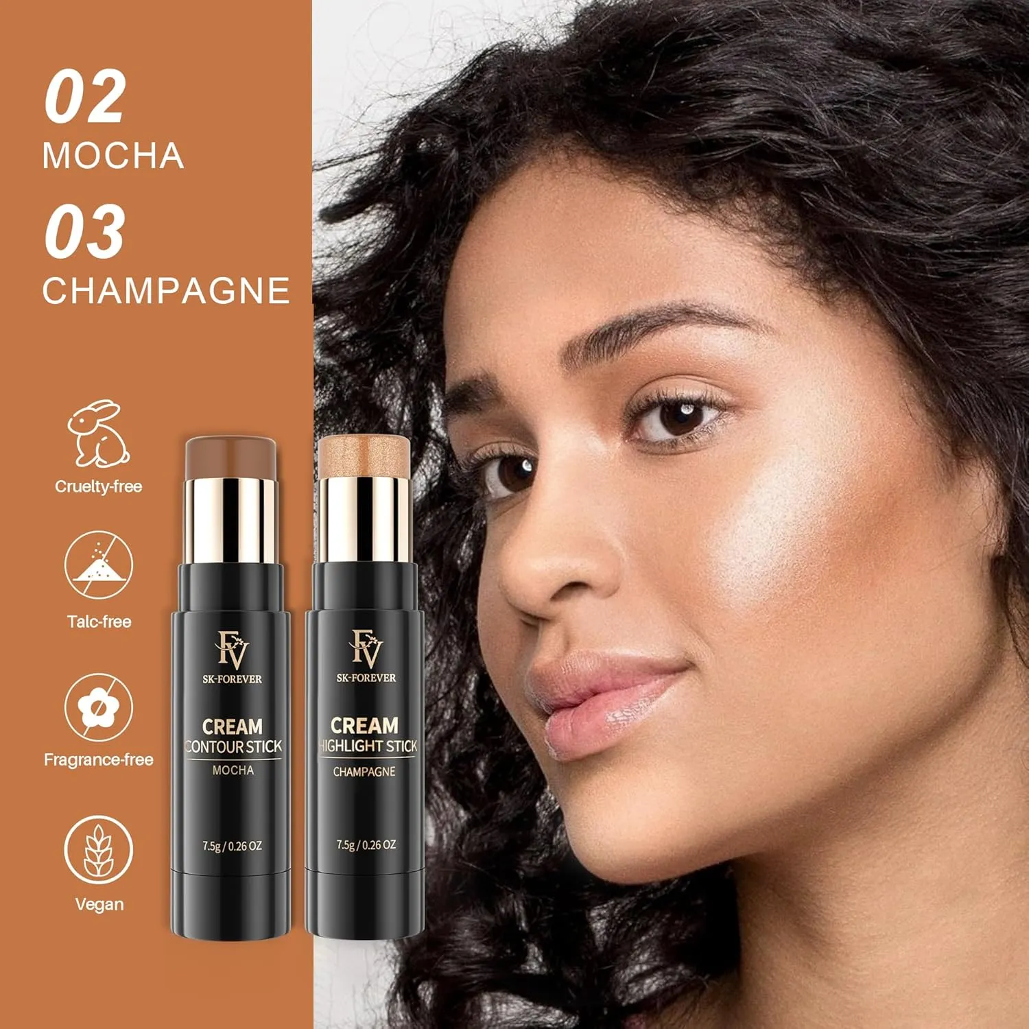 FV 2PCS Contour Stick, Highly Pigmented & Blendable Contour and Highlighter Stick, Long Lasting & Creamy Texture, Waterproof Contour Set for Face Shaping Makeup (02 Mocha & 03 Champagne)