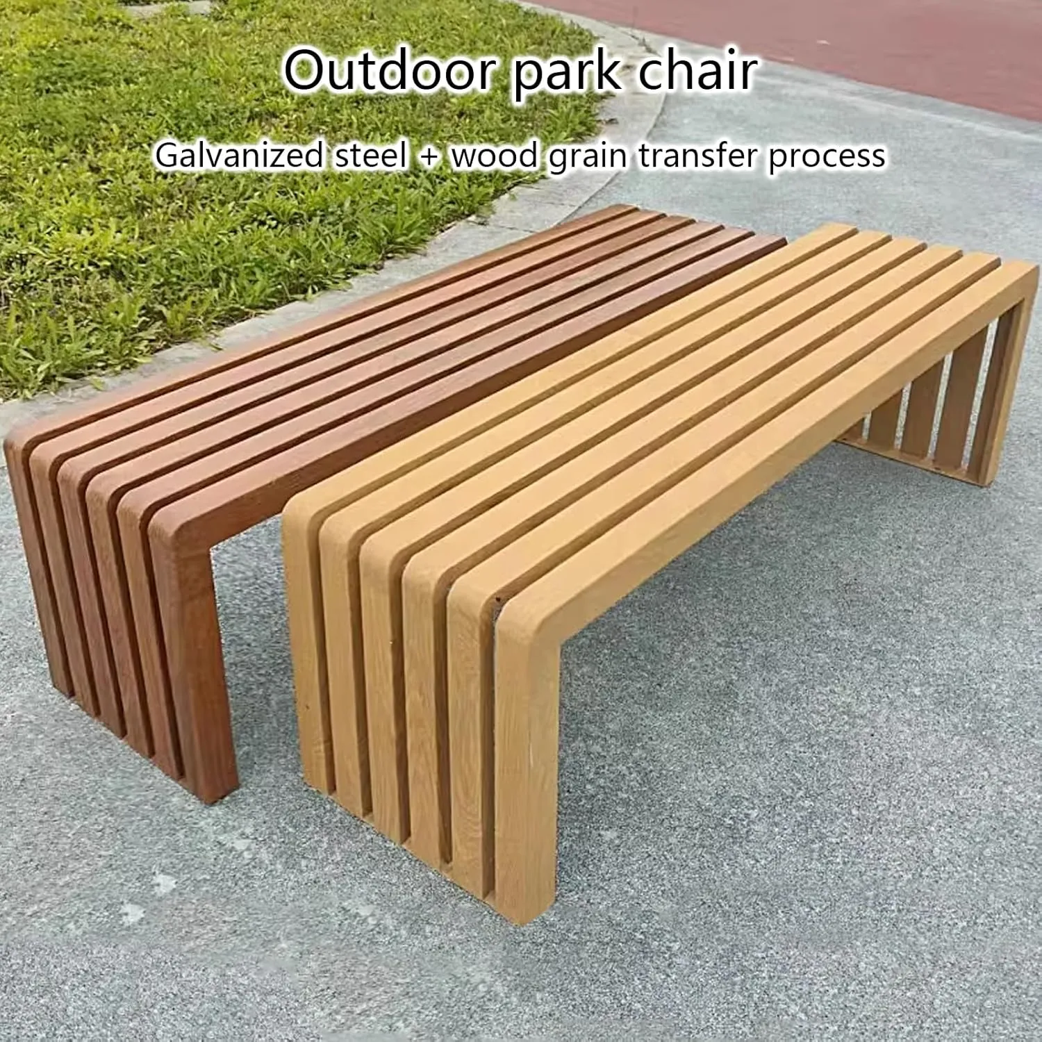 Galvanized Steel Outdoor Park Chair Without Backrest Outdoor Benches Weatherproof Wood Grain Transfer Process Garden Bench for Campus, Community, Scenic Spot(Natural,100 * 40 * 45cm)