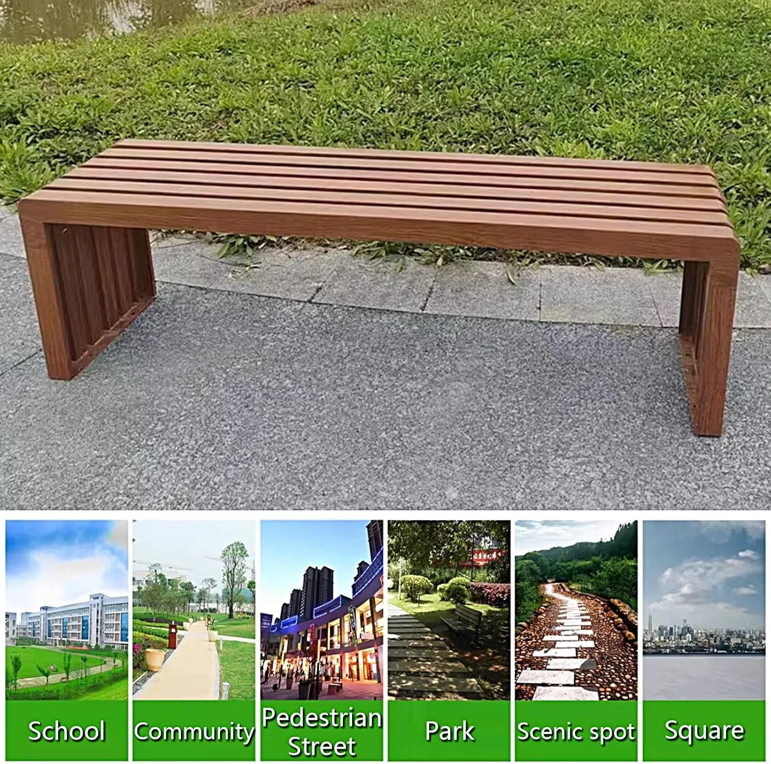 Galvanized Steel Outdoor Park Chair Without Backrest Outdoor Benches Weatherproof Wood Grain Transfer Process Garden Bench for Campus, Community, Scenic Spot(Natural,100 * 40 * 45cm)