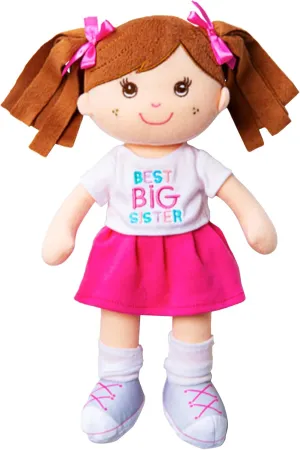 Ganz Best Big Sister Plush Doll, Pink Skirt and White T-Shirt, Soft Rag Doll with Brown Hair