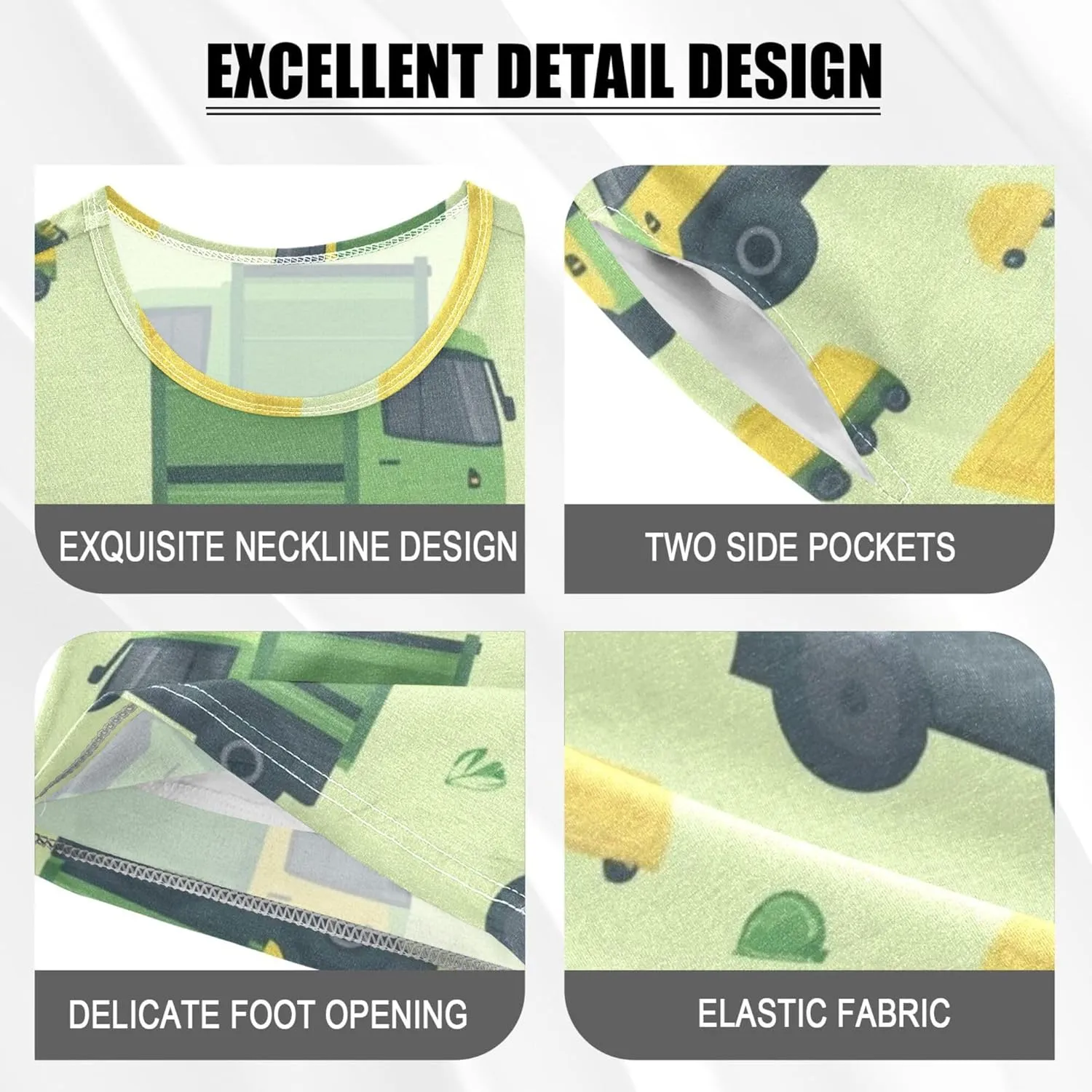Garbage Trucks Green Yellow Summer Pajamas Short Set 2 Piece Sleepwear