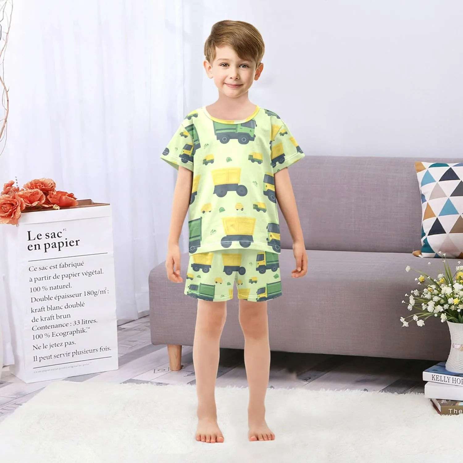 Garbage Trucks Green Yellow Summer Pajamas Short Set 2 Piece Sleepwear