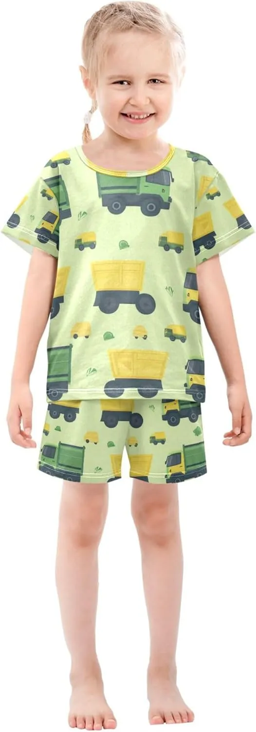 Garbage Trucks Green Yellow Summer Pajamas Short Set 2 Piece Sleepwear
