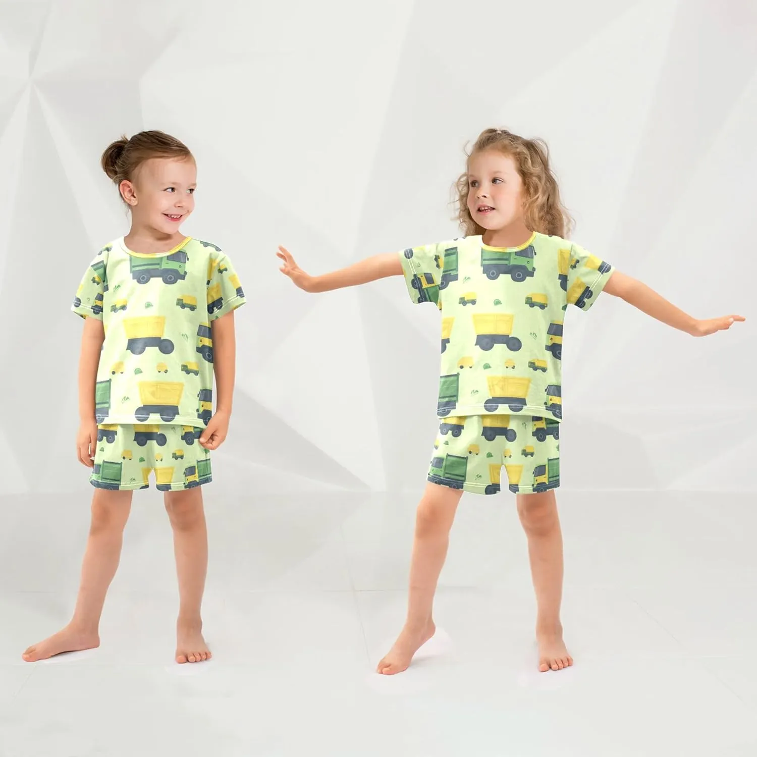 Garbage Trucks Green Yellow Summer Pajamas Short Set 2 Piece Sleepwear