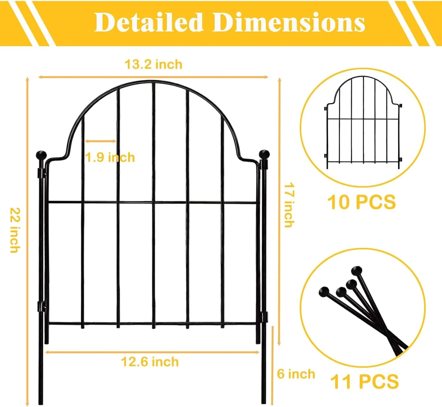 Garden Fence, 22 in(H) x 130 in(L) Arched Rustproof Metal No Dig Fence Garden Fence Border, Ground Stake Animal Barrier Fence for Rabbit Dog, Outdoor Decor for Yard & Patio
