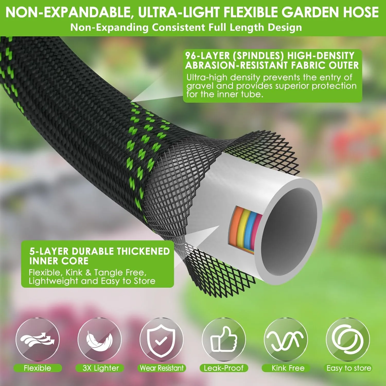 Garden Hose 75 ft, NON-EXPANDABLE Ultra Lightweight & Super Flexible Water Hose With 10-Pattern Spray Nozzle, Kink-Free Hose, Leak-Proof, Durable 3750d High-Density Fabric, Brass Fittings