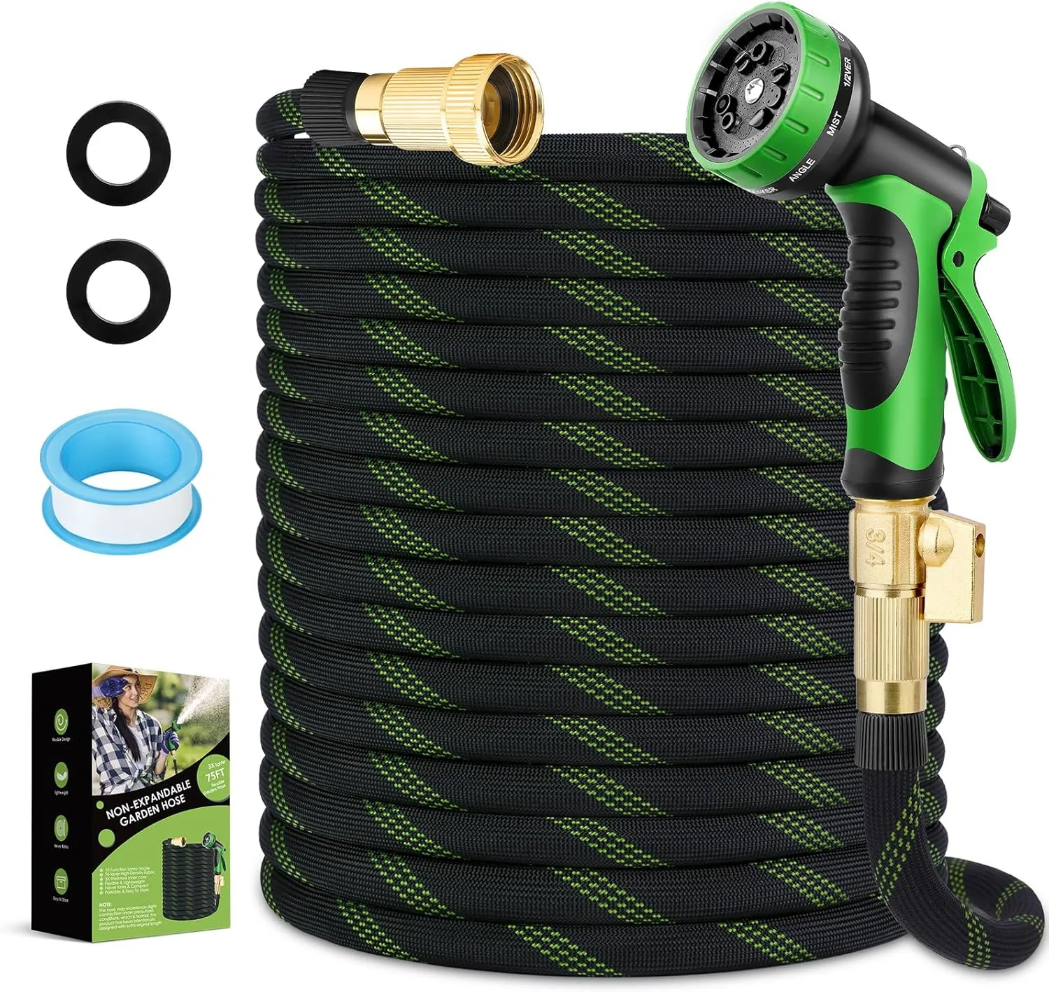 Garden Hose 75 ft, NON-EXPANDABLE Ultra Lightweight & Super Flexible Water Hose With 10-Pattern Spray Nozzle, Kink-Free Hose, Leak-Proof, Durable 3750d High-Density Fabric, Brass Fittings