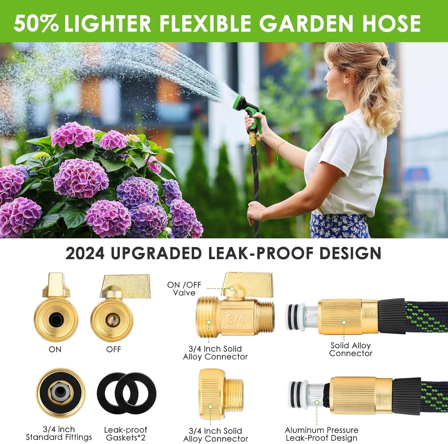 Garden Hose 75 ft, NON-EXPANDABLE Ultra Lightweight & Super Flexible Water Hose With 10-Pattern Spray Nozzle, Kink-Free Hose, Leak-Proof, Durable 3750d High-Density Fabric, Brass Fittings