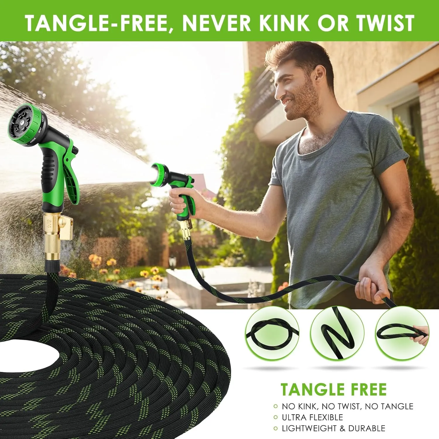 Garden Hose 75 ft, NON-EXPANDABLE Ultra Lightweight & Super Flexible Water Hose With 10-Pattern Spray Nozzle, Kink-Free Hose, Leak-Proof, Durable 3750d High-Density Fabric, Brass Fittings
