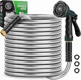 Garden Hose 75 FT with 10-Function Nozzle, Leak-proof Metal Connector Water Hose, No Knots, Kink-Free, Lighter, Anti-Pets, Wear-Resistant, 3/4 GHT, Metal Hose for Garden, Yard, Outdoor