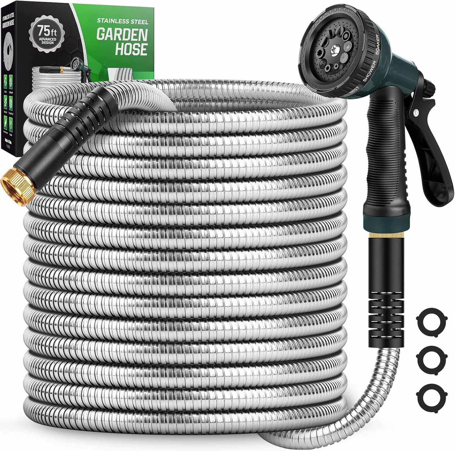 Garden Hose 75 FT with 10-Function Nozzle, Leak-proof Metal Connector Water Hose, No Knots, Kink-Free, Lighter, Anti-Pets, Wear-Resistant, 3/4 GHT, Metal Hose for Garden, Yard, Outdoor