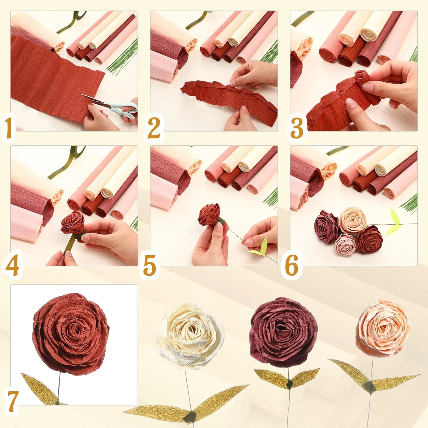 Gersoniel 57 Pcs Crepe Paper Flower DIY Kits 6 Rolls 35g Crepe Paper Sheets 50 Pcs Floral Iron Wire 10 Inch x 8 Feet 1 Roll 50 Meter for Birthday Party Wedding(Pink Series)