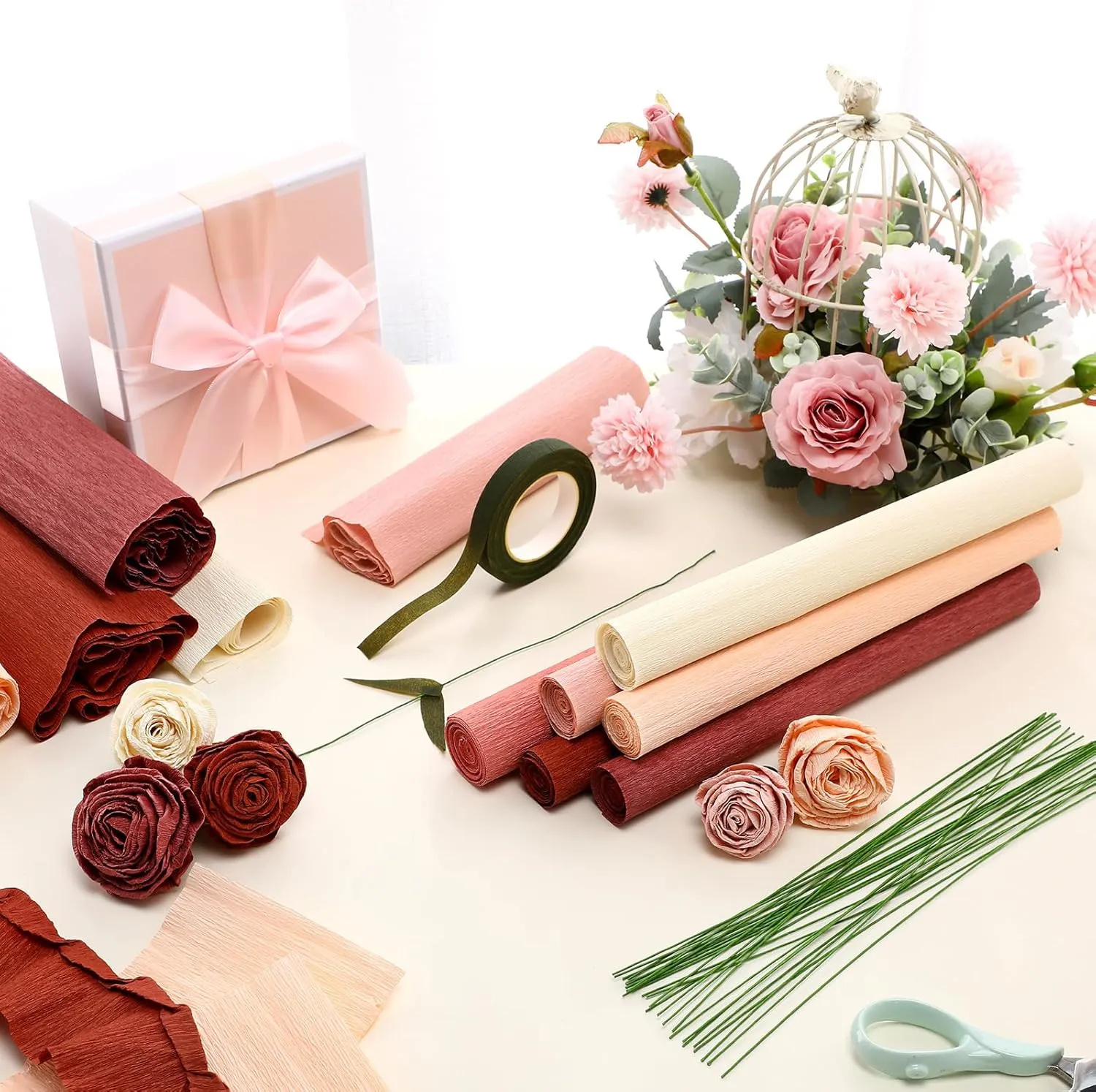 Gersoniel 57 Pcs Crepe Paper Flower DIY Kits 6 Rolls 35g Crepe Paper Sheets 50 Pcs Floral Iron Wire 10 Inch x 8 Feet 1 Roll 50 Meter for Birthday Party Wedding(Pink Series)