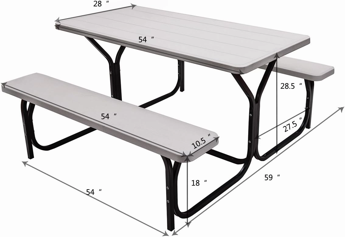 Giantex Picnic Table Bench Set Outdoor Camping All Weather Metal Base Wood-Like Texture Backyard Poolside Dining Party Garden Patio Lawn Deck Large Camping Picnic Tables for Adult (White)