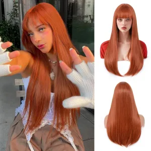 Ginger Wig with Bangs for Women Long Straight Ginger Orange Wig for Grils Heat Resistant Synthetic Light Auburn Wig for Colorful Cosplay for Party Halloween Daily Use