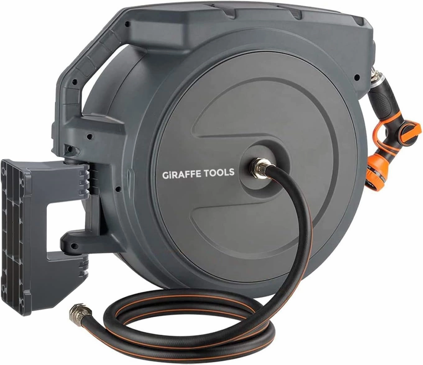 Giraffe Tools AW405/8MB Retractable Garden Hose Reel 5/8" x 90 ft PRO Metal Bracket, Heavy Duty, Any Length Lock Hose Reel, 90ft, Dark Grey