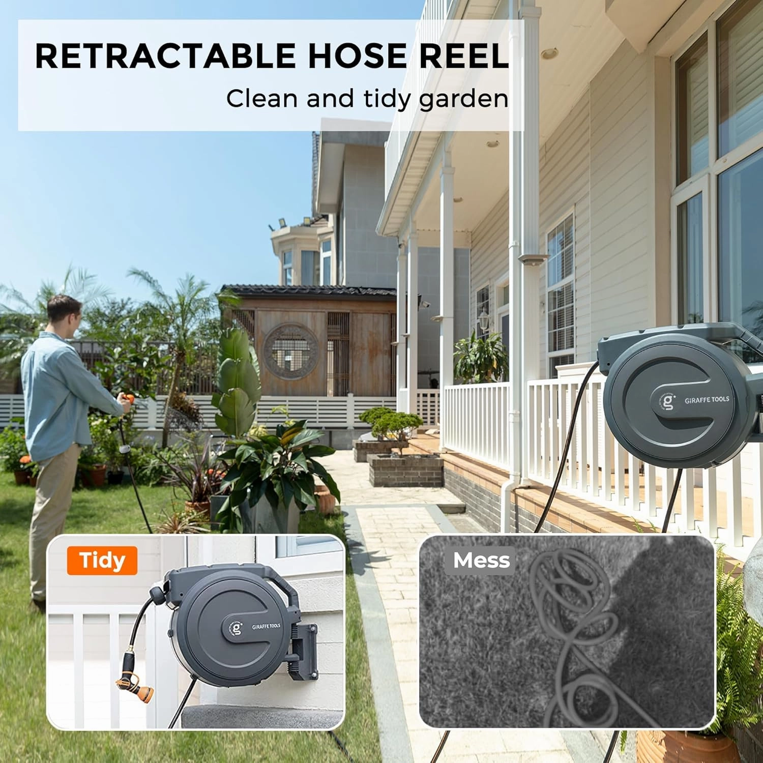 Giraffe Tools Hose Reel 1/2‘’ 78 ft, Heavy Duty Retractable Garden Hose Reel with Any Length Lock, Slow Return System, Wall Mounted and 180 Deg Swivel Bracket