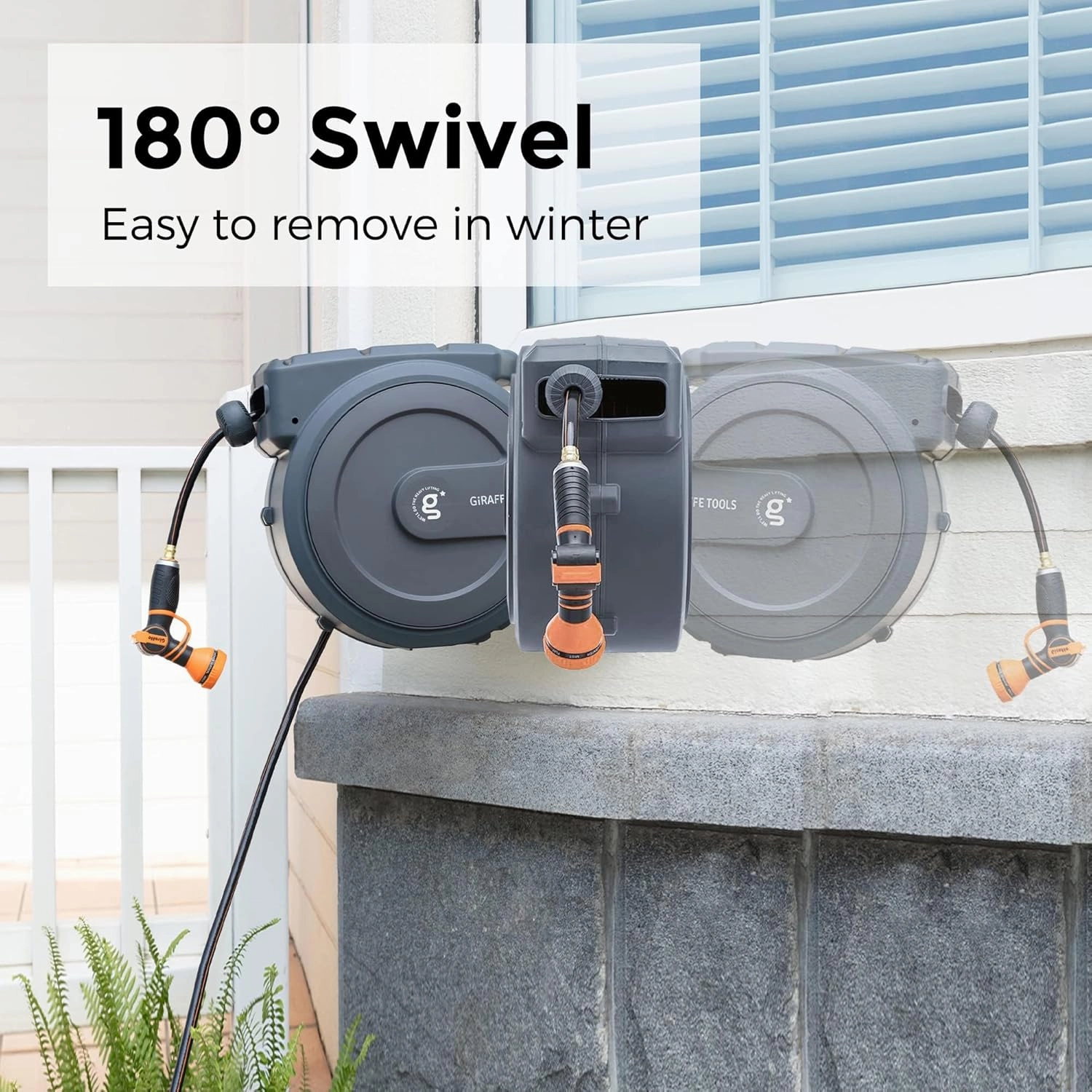 Giraffe Tools Hose Reel 1/2‘’ 78 ft, Heavy Duty Retractable Garden Hose Reel with Any Length Lock, Slow Return System, Wall Mounted and 180 Deg Swivel Bracket