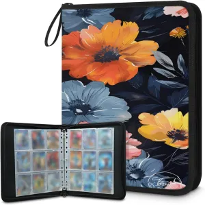 Glitter Flowers 3 Ring Trading Zipper Binder Strap, Trading Card Binder 4 Pocket, 400 Pockets Card Holder with 50 Removable Sleeves for Game Cards