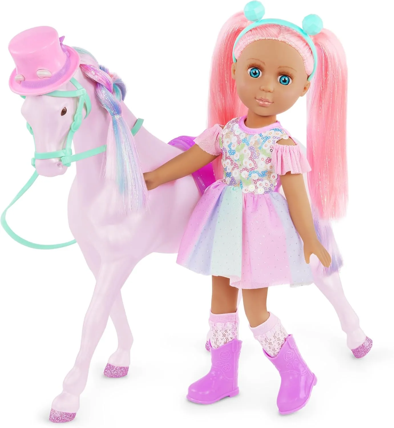Glitter Girls – 14-inch Doll and Toy Horse – Blue Eyes & Pink Hair – Rainbow Mane & Removable Saddle – Cowgirl Boots, Top Hat & Dress – Toys for Kids 3 Years  – Areli & Adore