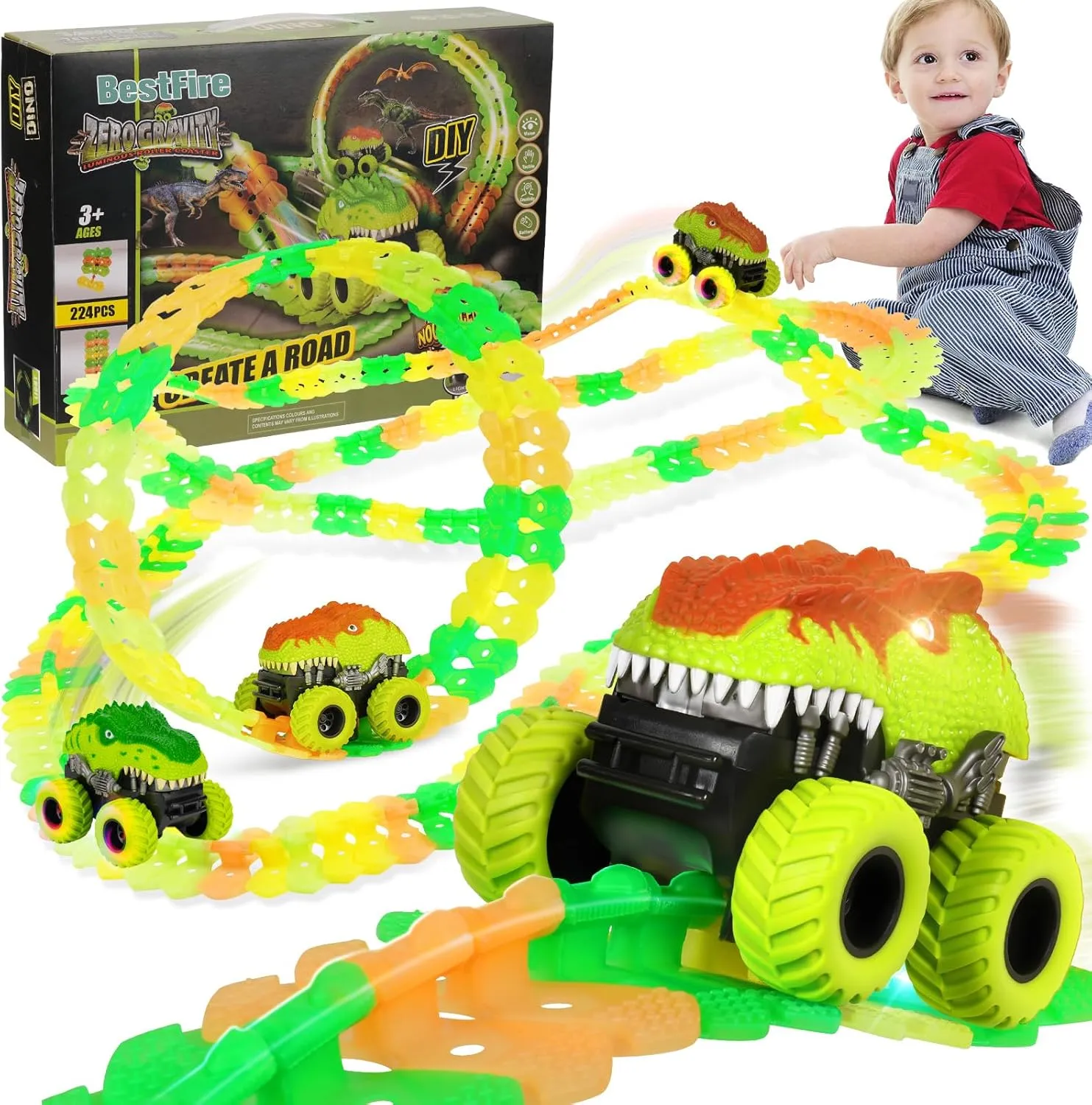 Glow Car Track for Kids Boys Toys, Dinosaur Race Track Toys, 18 Ft / 225 Pcs Changeable Flexible Race Car Track Car Sets with LED Light-Up Race Car for 3 4 5 6 7 8   Year Old
