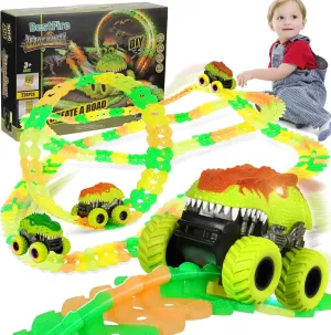 Glow Car Track for Kids Boys Toys, Dinosaur Race Track Toys, 18 Ft / 225 Pcs Changeable Flexible Race Car Track Car Sets with LED Light-Up Race Car for 3 4 5 6 7 8   Year Old