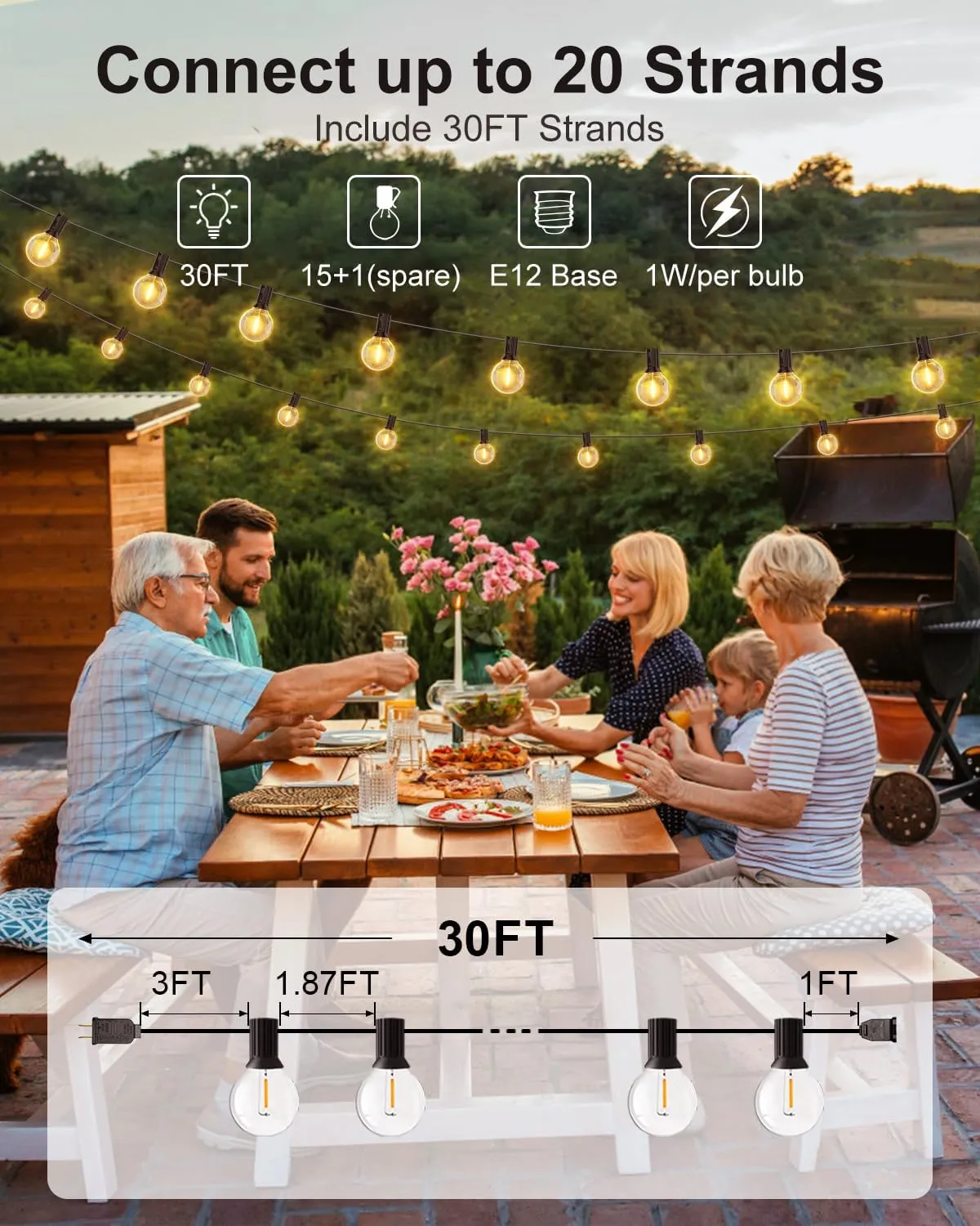 GLUROO Outdoor String Lights, 30FT LED Patio Lights Outdoor Wateproof with 15 1 Globle Bulbs Shatterproof, 2700K Outside for Backyard,Bistro,Camping,Deck,Yard,Garden