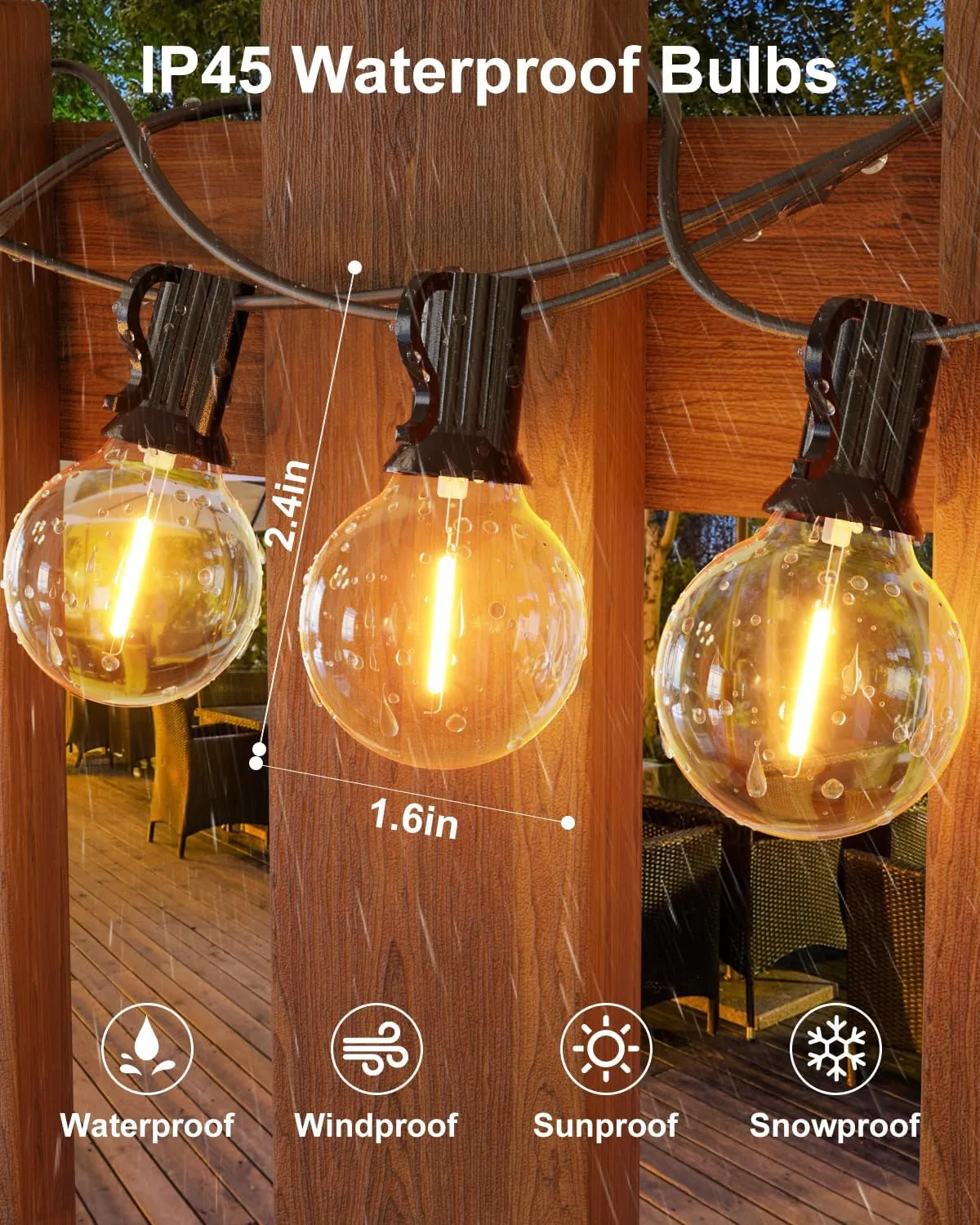 GLUROO Outdoor String Lights, 30FT LED Patio Lights Outdoor Wateproof with 15 1 Globle Bulbs Shatterproof, 2700K Outside for Backyard,Bistro,Camping,Deck,Yard,Garden