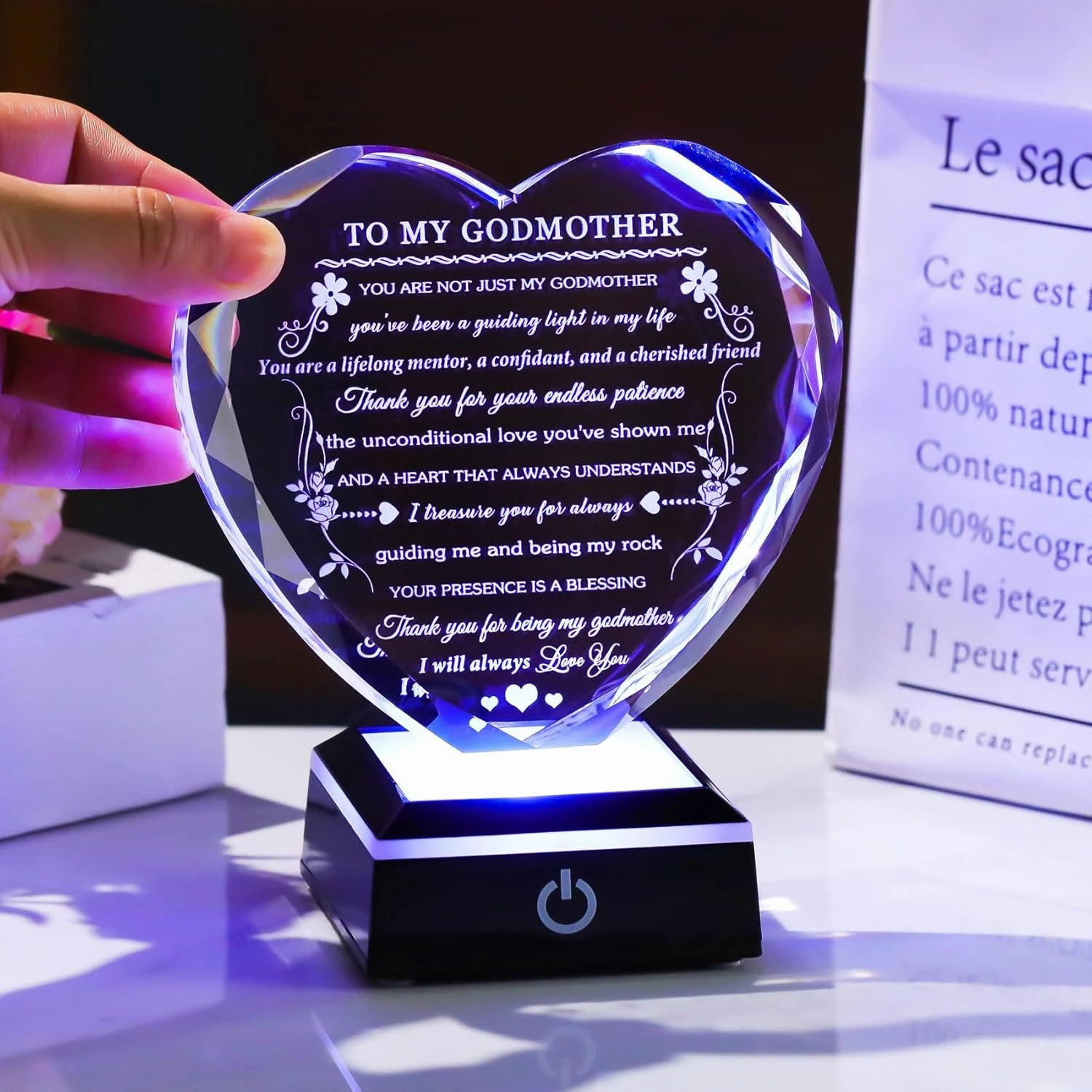 Godmother Gift from Godchild with Colorful LED Base Heart Crystal Gifts for Godmother on Birthday Christmas Mothers Day Thanksgiving from Goddaughter Godson