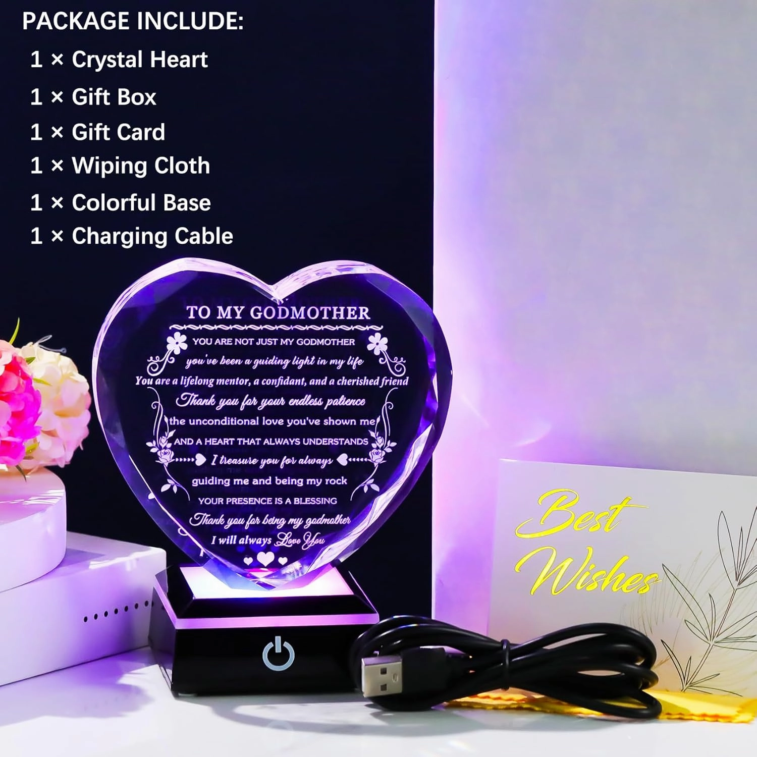 Godmother Gift from Godchild with Colorful LED Base Heart Crystal Gifts for Godmother on Birthday Christmas Mothers Day Thanksgiving from Goddaughter Godson