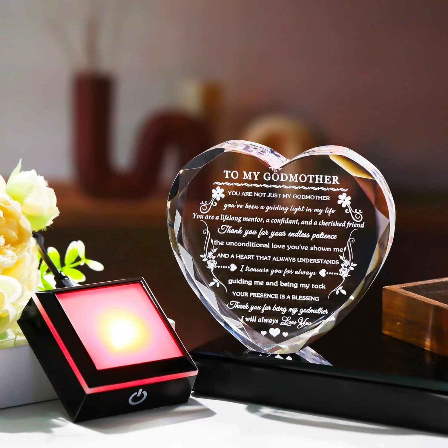 Godmother Gift from Godchild with Colorful LED Base Heart Crystal Gifts for Godmother on Birthday Christmas Mothers Day Thanksgiving from Goddaughter Godson