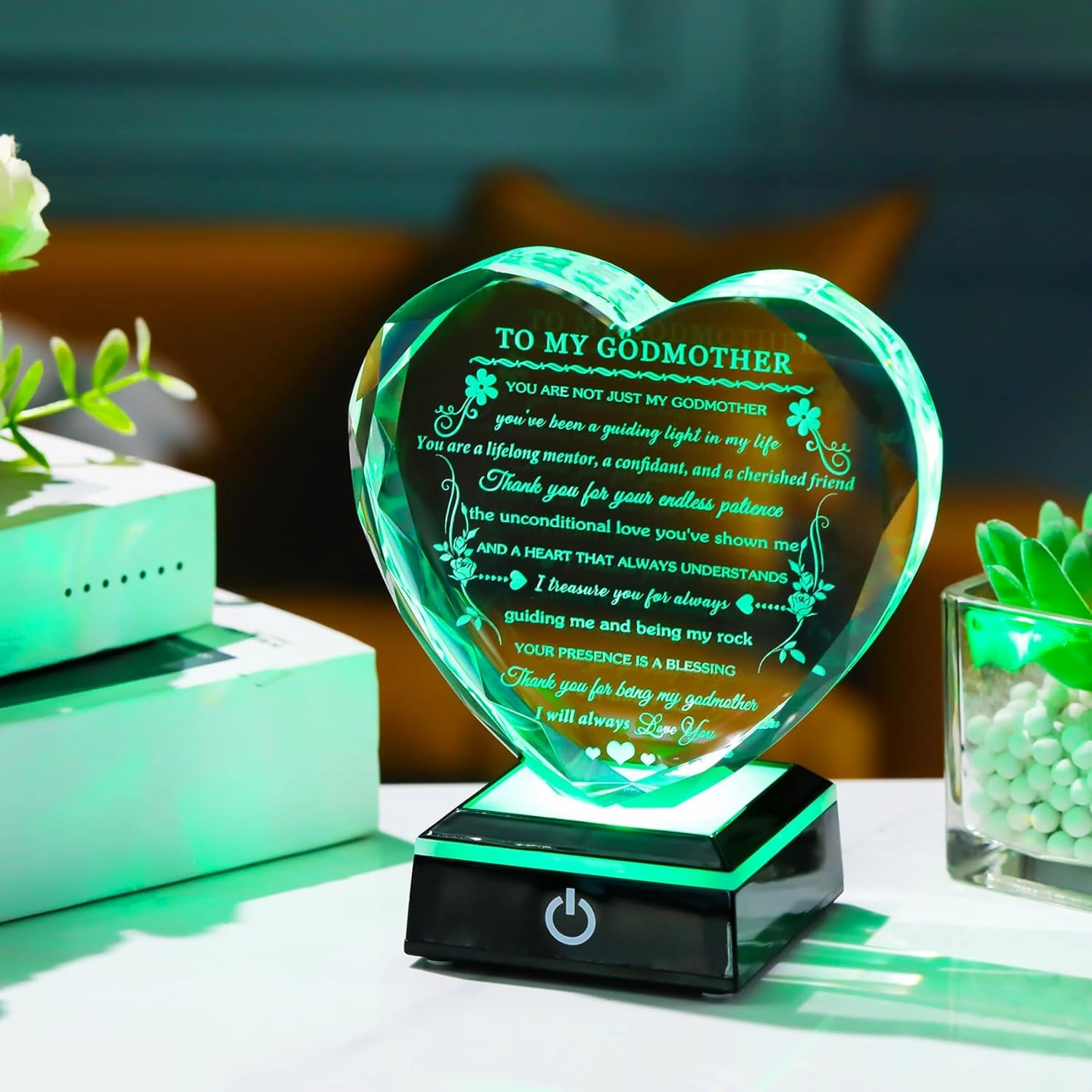 Godmother Gift from Godchild with Colorful LED Base Heart Crystal Gifts for Godmother on Birthday Christmas Mothers Day Thanksgiving from Goddaughter Godson