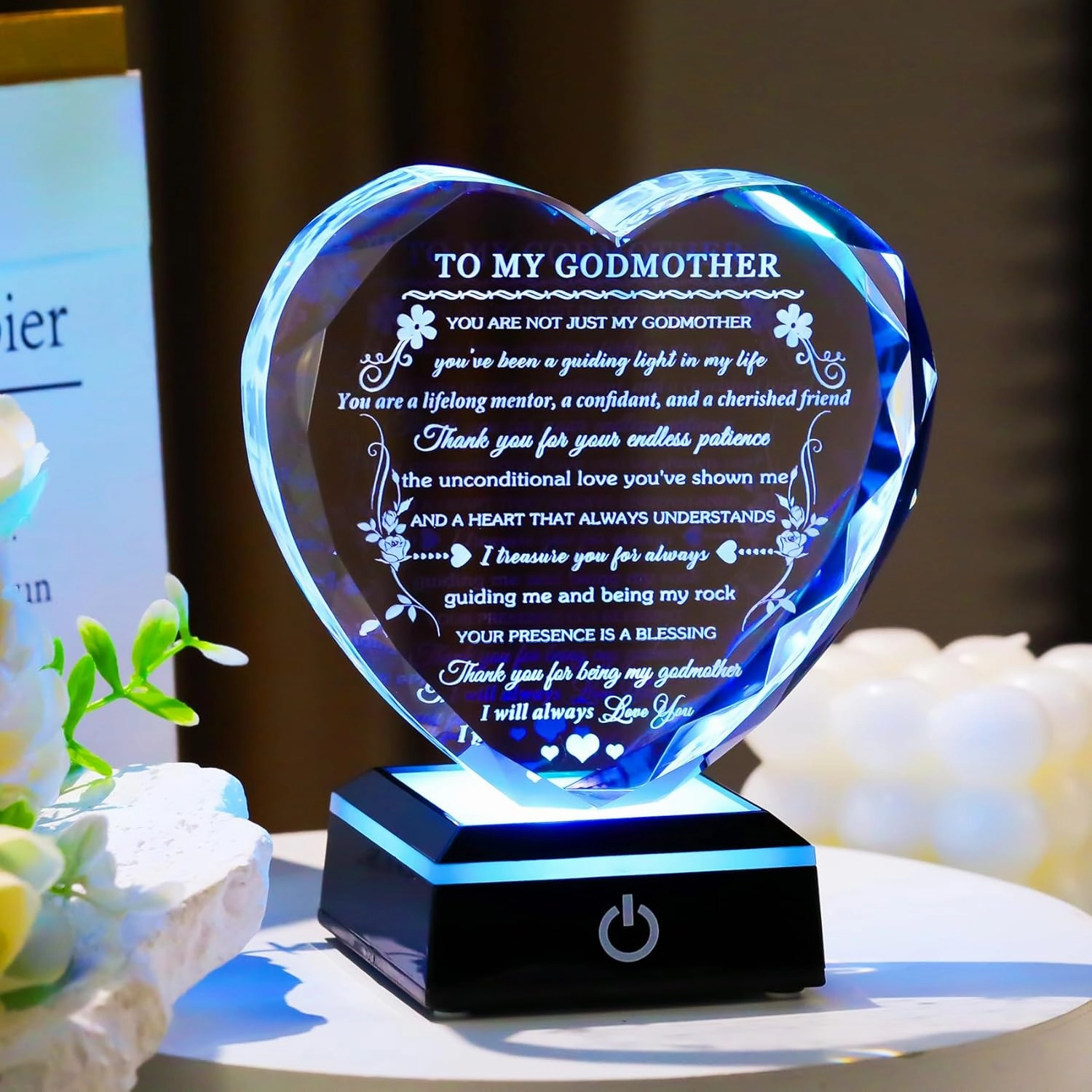 Godmother Gift from Godchild with Colorful LED Base Heart Crystal Gifts for Godmother on Birthday Christmas Mothers Day Thanksgiving from Goddaughter Godson