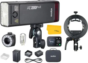 GODOX AD200 Pro II AD200Pro II Strobe Flash, TTL 200W Pocket Flash HSS 1/8000s, One-Tap Wireless Sync, Enhanced Color Screen,with Godox S2 Speedlite Bracket