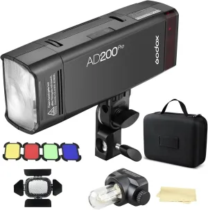 Godox AD200Pro AD200 Pro 200Ws 2.4G TTL 1/8000 HSS Flash Strobe Speedlite Monolight with BD-07 Barn Door Honeycomb Grid 4 Color Filter Kit (AD200 Upgrade Version)