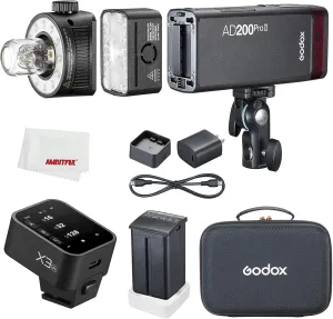 Godox AD200Pro II AD200 pro II Flash Strobe,with X3N Flash Trigger for Nikon,200Ws 1/512~1/1,1/8000 HSS,0.01-1.8s Recycle Time, 2980mAh Battery,Bare Bulb/Speedlite Fresnel Flash Head