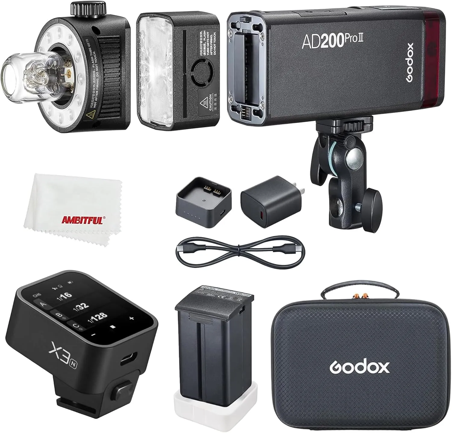 Godox AD200Pro II AD200 pro II Flash Strobe,with X3N Flash Trigger for Nikon,200Ws 1/512~1/1,1/8000 HSS,0.01-1.8s Recycle Time, 2980mAh Battery,Bare Bulb/Speedlite Fresnel Flash Head