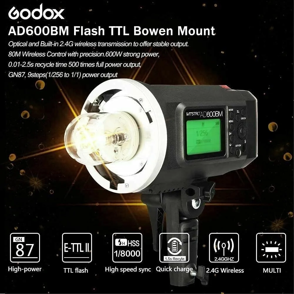 Godox AD600BM Bowens Mount 600Ws GN87 HSS Outdoor Flash Strobe Light with 2.4G Wireless X System, 8700mAh Battery, w/Godox CB-09 Carrying Bag and PB-600 Portable Flash Bag