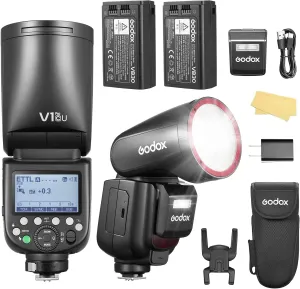 Godox V1 Pro C U with 2*Battry V1Pro-C USA Version TTL Round Head Camera Flash with External SU-1 E-TTL 1/8000s HSS 1.3s Recycle Time 2.4G Wireless 100 Continuous Shots Flashes for Canon Camera