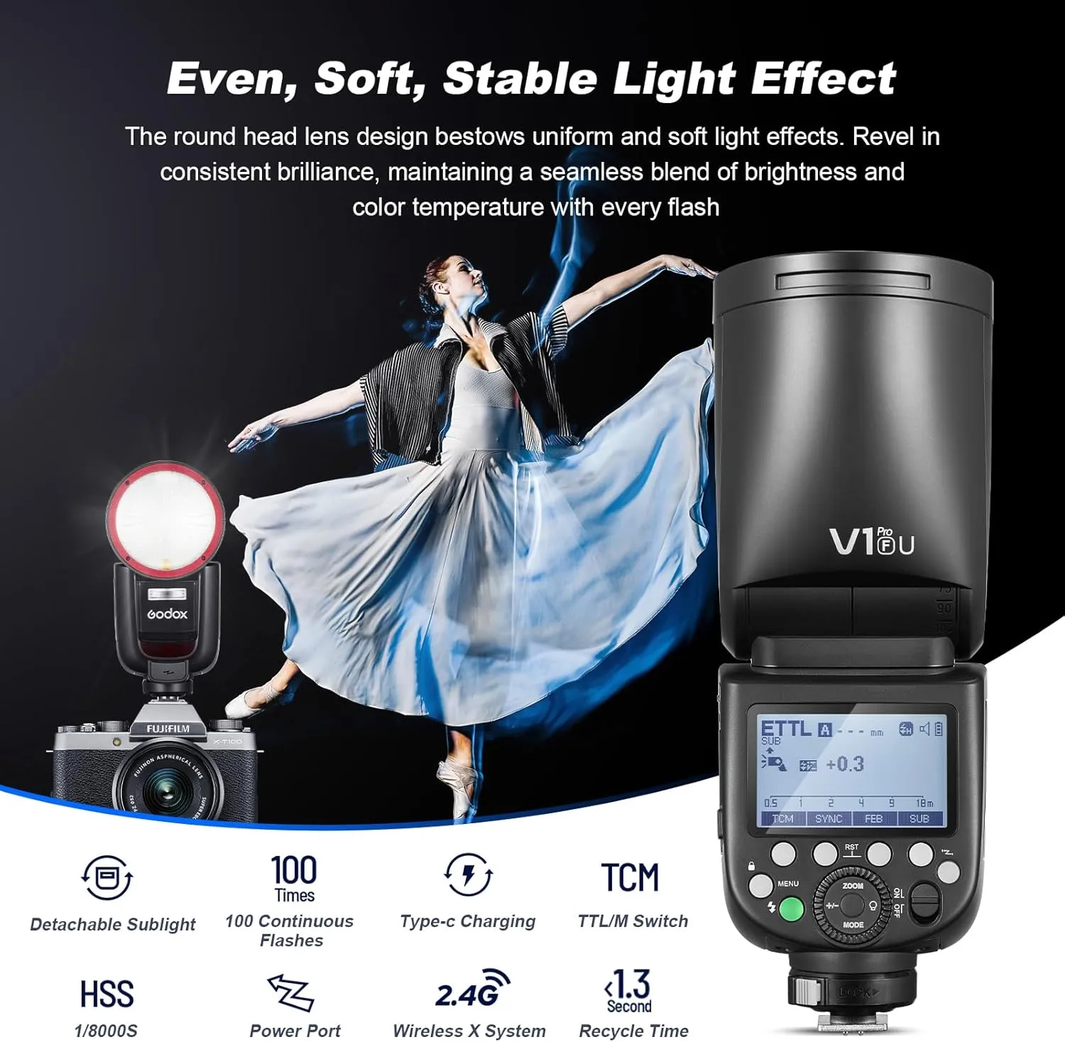 Godox V1 PRO F USA Version Flash for Fujifilm Camera with External Flash SU-1 2980mAh 76W Battery Flash TTL 1/8000s HSS 1.3s Recycle Time 2.4G Wireless HSS 500 Full Power Flashes