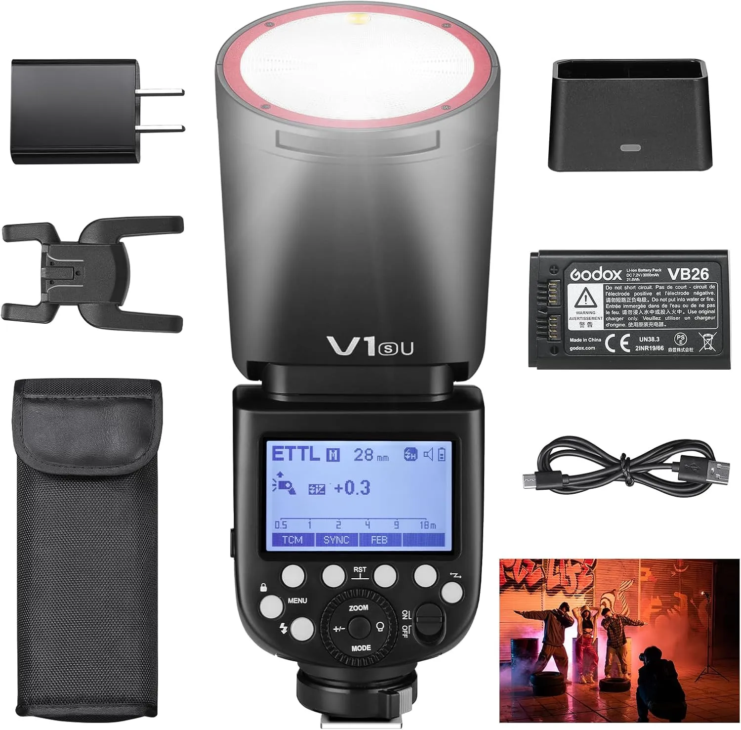Godox V1 S USA Version Flash Round Head Speedlight for Sony with 76Ws 2600mAh Battery 2.4G TTL 480 Full Power Shots 1/8000s HSS 1.5s Recycle Time 10 Level LED Modeling Lamp for Sony ZV-E10,α7711 etc