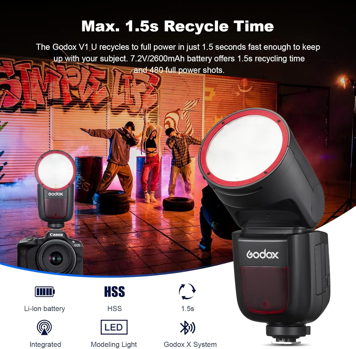Godox V1S USA V1 SU Round Head Flash for Sony TTL Hot Shoe Flash 2.4G X Wireless HSS 1/8000s 2980mAh Lithium Battery LED Modeling Lamp Shot speedlight with Tri-Color Diffuser for Sony(USA Version)