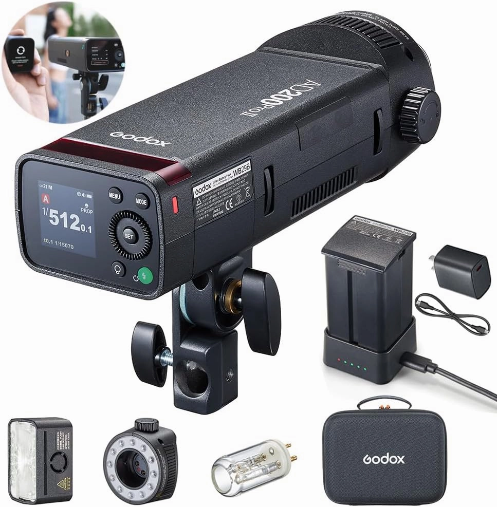 Godox AD200 Pro II Flash Strobe(AD200Pro Upgraded) 2.4G HSS & One-Tap Sync with X3, 1/512-1/1 Power Adjustable, Bi-Color LED Modeling Light, 0.01-1.8s Recycling, 2980mAh Battery (500 Flashes)